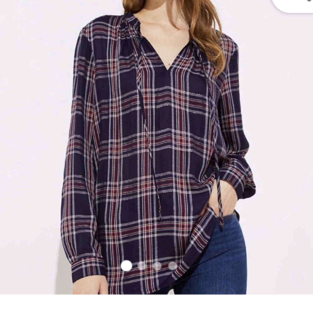 LOFT Shimmer Plaid Tie Neck Blouse Xsmall